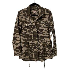 TRUE RELIGION CAMO MILITARY JACKET FULL ZIP 100% COTTON WOMENS S LOGO POCKETS